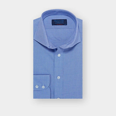 Contemporary Fit Blue Houndstooth Check Cotton Shirt with Cut-away Collar & Two Button Cuff