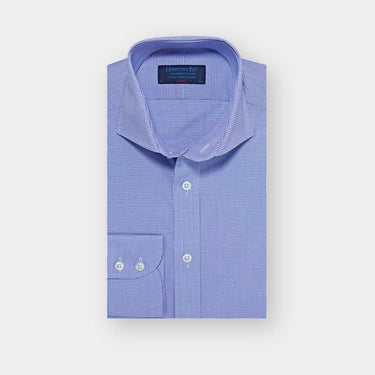 Classic Fit Blue Shepherds Check Cotton Poplin Shirt with Cut-away Collar & Two Button Cuff