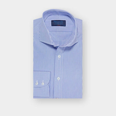 Classic Fit Blue Fine Bengal Stripe Cotton Poplin Shirt with Cut-away Collar & Two Button Cuff