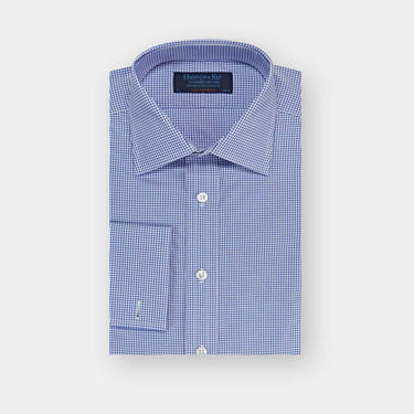 Contemporary Fit Blue Fine Check Cotton Poplin Shirt with Classic Collar & Double Cuff