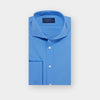 Contemporary Fit Plain Blue Cotton Poplin Shirt with Cut-away Collar & Double Cuff