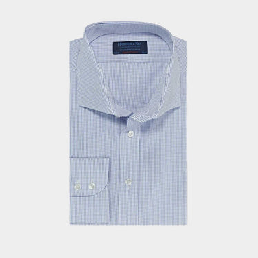 Contemporary Fit White & Blue Check Cotton Shirt with Cut-away Collar & Two Button Cuff