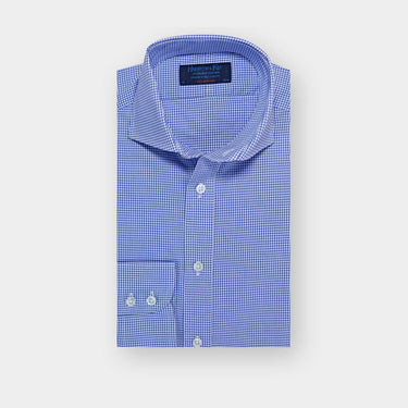 Contemporary Fit Blue Fine Check Cotton Shirt with Cut-away Collar & Two Button Cuff