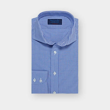 Contemporary Fit Navy & Sky Blue Check Cotton Shirt with Cut-away Collar & Two Button Cuff