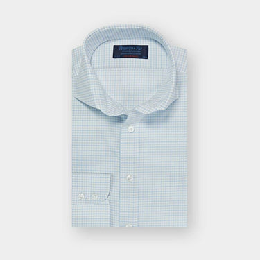 Contemporary Fit Grey & Blue Twill Check Cotton Shirt with Cut-away Collar & Two Button Cuff