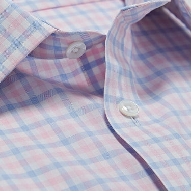 Contemporary Fit Blue & Pink Grid Check Cotton Shirt with Cut-away Collar & Two Button Cuff