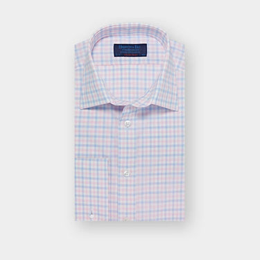 Contemporary Fit Light Blue Grid Stripe Cotton Shirt with Cut-away Collar & Two Button Cuff