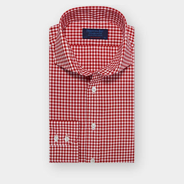 Contemporary Fit Red Gingham Check Cotton Poplin Shirt with Cut-away Collar & Two Button Cuff