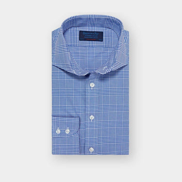 Contemporary Fit Mid Blue POW Check Cotton Shirt with Cut-away Collar & Two Button Cuff