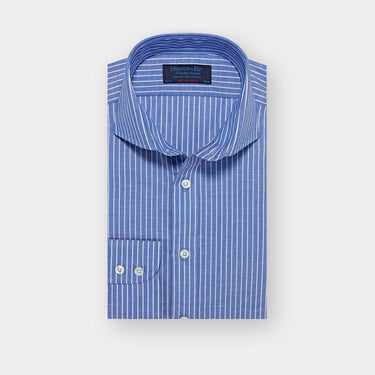 Contemporary Fit Dark Blue Stripe Cotton & Linen Blend Shirt with Cut-away Collar & Two Button Cuff