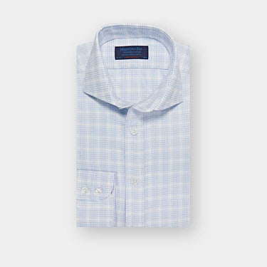 Contemporary Fit Light Blue Broken POW Check Cotton Shirt with Cut-away Collar & Two Button Cuff