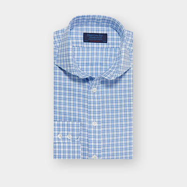 Contemporary Fit Blue Double Overcheck Cotton Shirt with Cut-away Collar & Two Button Cuff