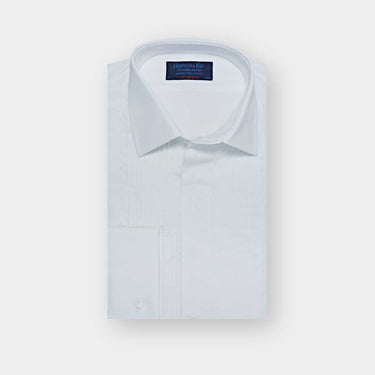 Contemporary Fit Narrow Pleat White Cotton Poplin Dress Shirt with Classic Collar & Double Cuff