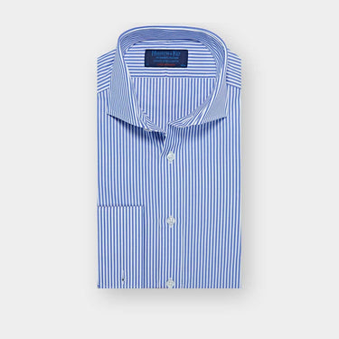 Contemporary Fit Blue Medium Bengal Stripe Cotton Poplin Shirt with Cut-away Collar & Double Cuff