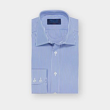 Classic Fit Blue Medium Bengal Stripe Cotton Poplin Shirt with Classic Collar & Two Button Cuff