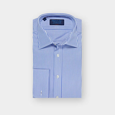 Classic Fit Blue Medium Bengal Stripe Cotton Poplin Shirt with Classic Collar & Double Cuff