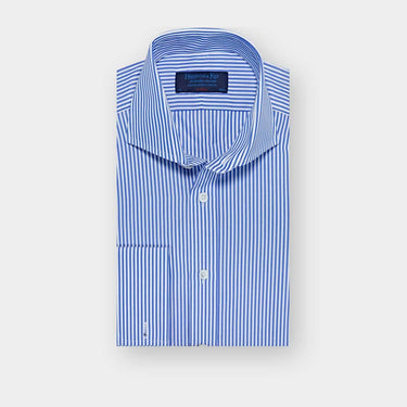 Classic Fit Blue Medium Bengal Stripe Cotton Poplin Shirt with Cut-away Collar & Double Cuff