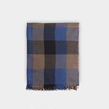 Blue & Ecru Large Check Silk & Cashmere Scarf