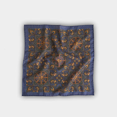 Blue & Gold Bird Motif Wool & Silk Blend Pocket Square