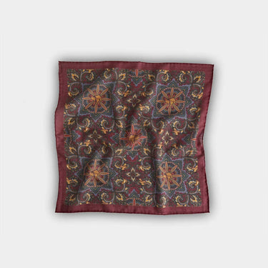 Burgundy & Gold Bird Motif Wool & Silk Blend Pocket Square