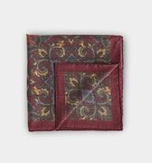 Burgundy & Gold Bird Motif Wool & Silk Blend Pocket Square