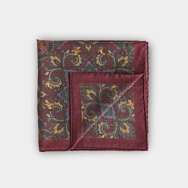 Burgundy & Gold Bird Motif Wool & Silk Blend Pocket Square