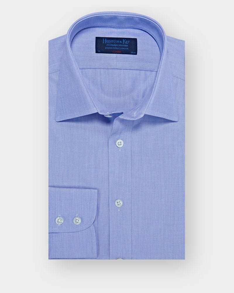 Classic Fit, Classic Collar, 2 Button Cuff Shirt in a Plain Blue End-On-End Cotton