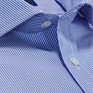 Classic Fit, Cut-away Collar, 2 Button Cuff Shirt in a Blue & White Fine Bengal Poplin Cotton