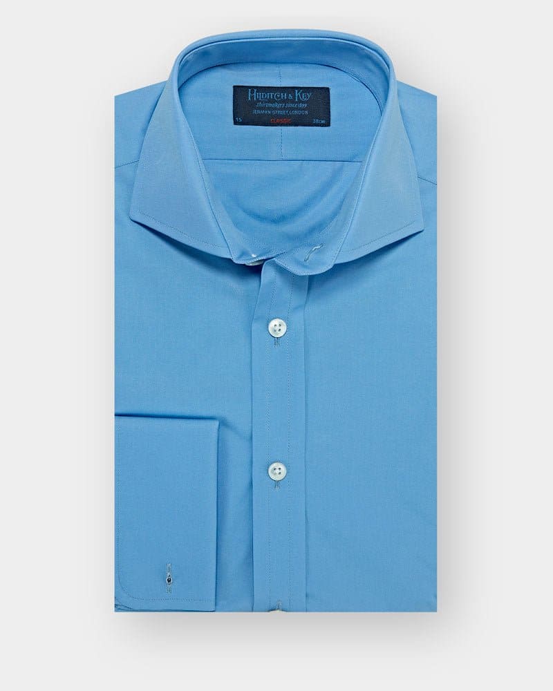 Classic Fit, Cut-away Collar, Double Cuff Shirt in a Plain Blue Poplin Cotton