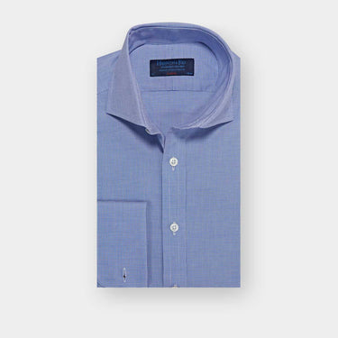 Classic Fit Navy Micro Houndstooth Cotton Shirt with Cut - away Collar & Double Cuff