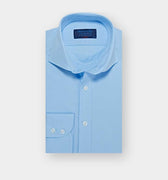 Classic Fit Plain Ice Blue Cotton Poplin Shirt with Cut - away Collar & Two Button Cuff