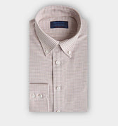 Contemporary Fit Beige Small Gingham Check Cotton Shirt with Button Down Collar & Two Button Cuff