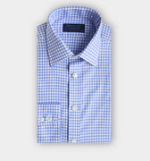 Contemporary Fit Blue Gingham Check Cotton Twill Shirt with Classic Collar & Two Button Cuff