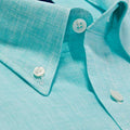 Contemporary Fit, Button Down Collar, 2 Button Cuff Shirt in a Plain Aqua Linen