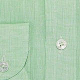 Contemporary Fit, Button Down Collar, 2 Button Cuff Shirt in a Plain Green Linen