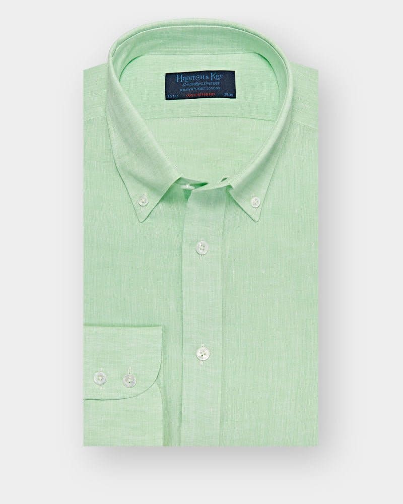 Contemporary Fit, Button Down Collar, 2 Button Cuff Shirt in a Plain Green Linen