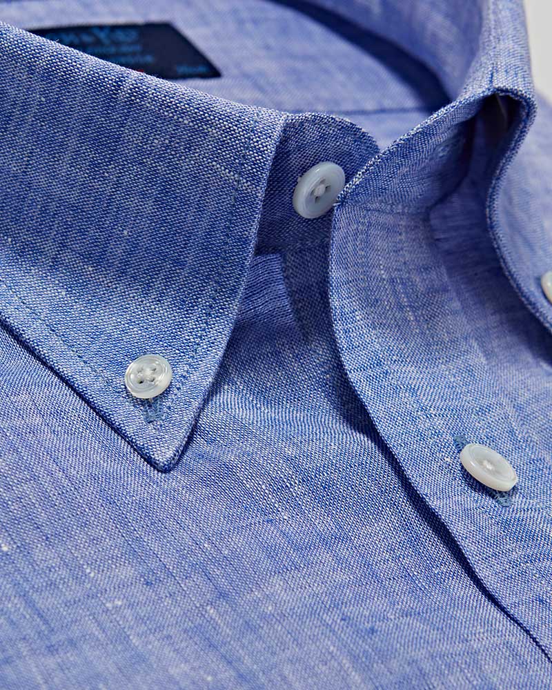 Contemporary Fit, Button Down Collar, 2 Button Cuff Shirt in a Plain Mid Navy Blue Linen