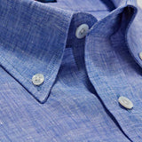 Contemporary Fit, Button Down Collar, 2 Button Cuff Shirt in a Plain Mid Navy Blue Linen