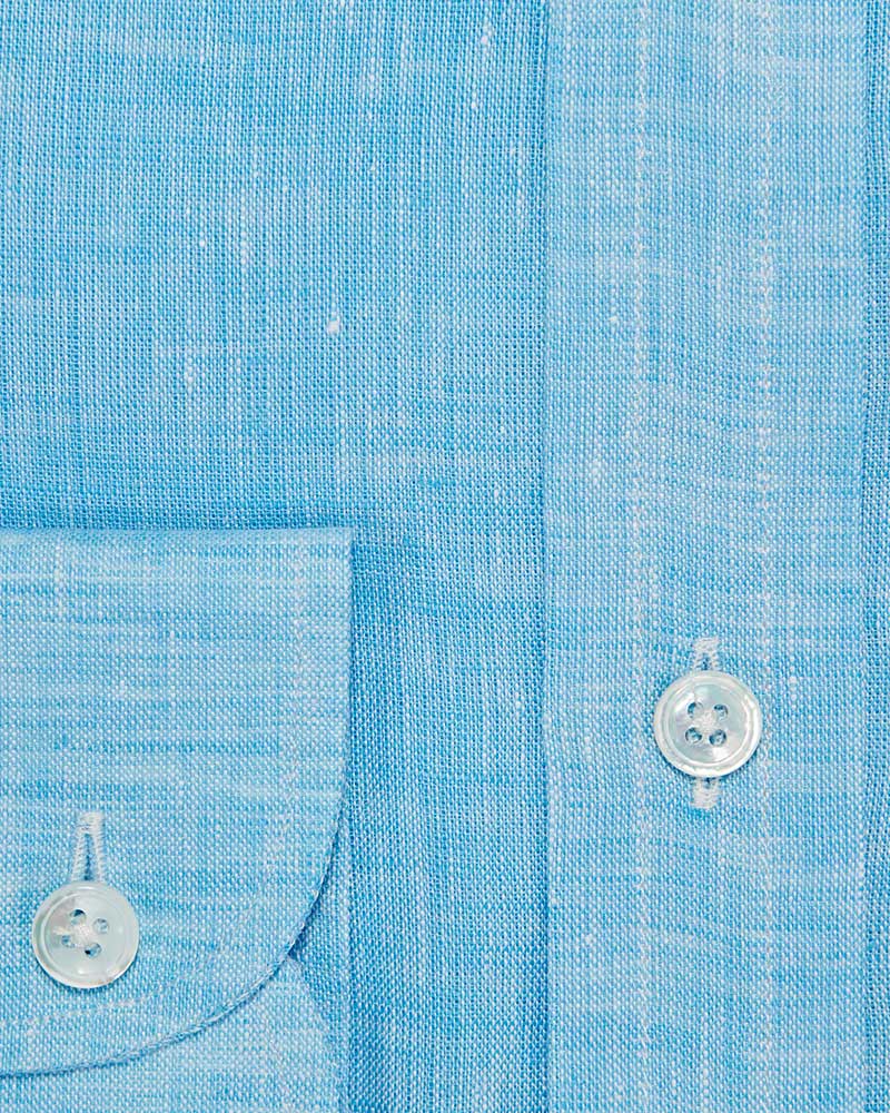 Contemporary Fit, Button Down Collar, 2 Button Cuff Shirt in a Plain Turquoise Blue Linen