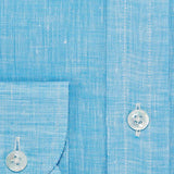 Contemporary Fit, Button Down Collar, 2 Button Cuff Shirt in a Plain Turquoise Blue Linen