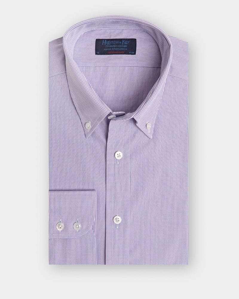 Contemporary Fit, Button Down Collar, 2 Button Cuff Shirt In Neat Lilac Check