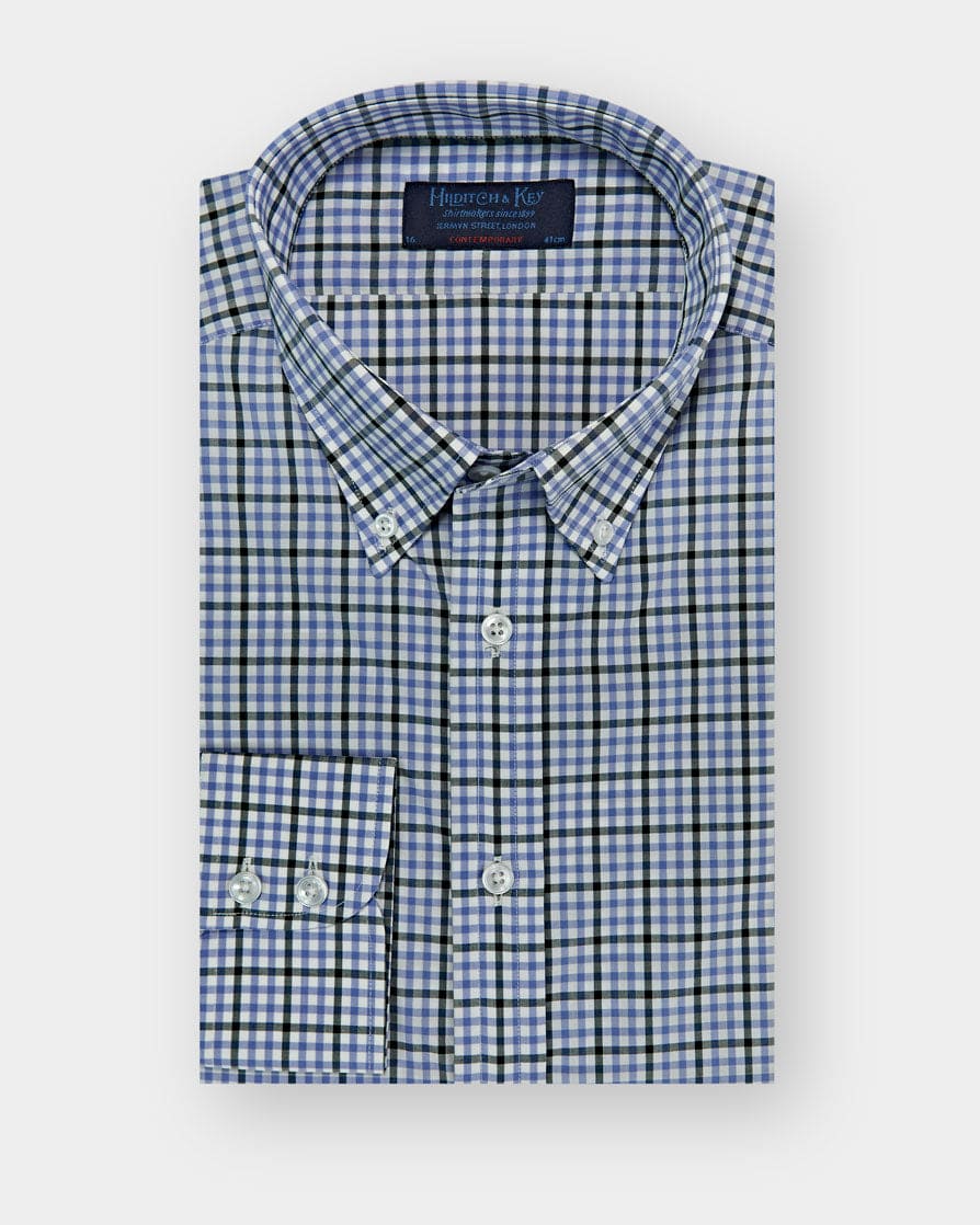Contemporary Fit, Button Down Collar, Two Button Cuff Shirt In Blue & White With Green Overcheck