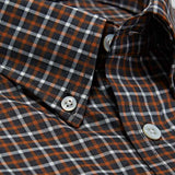 Contemporary Fit, Button Down Collar, Two Button Cuff Shirt In Brown With Orange & White Overcheck