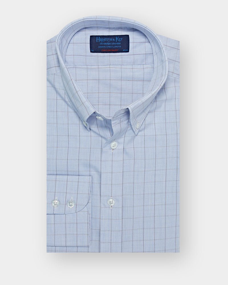 Contemporary Fit, Button Down Collar, Two Button Cuff Shirt In White & Blue With Navy Micro Overcheck
