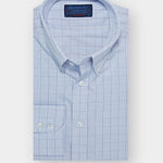 Contemporary Fit, Button Down Collar, Two Button Cuff Shirt In White & Blue With Navy Micro Overcheck