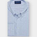 Contemporary Fit, Button Down Collar, Two Button Cuff Shirt In White & Blue With Navy Micro Overcheck