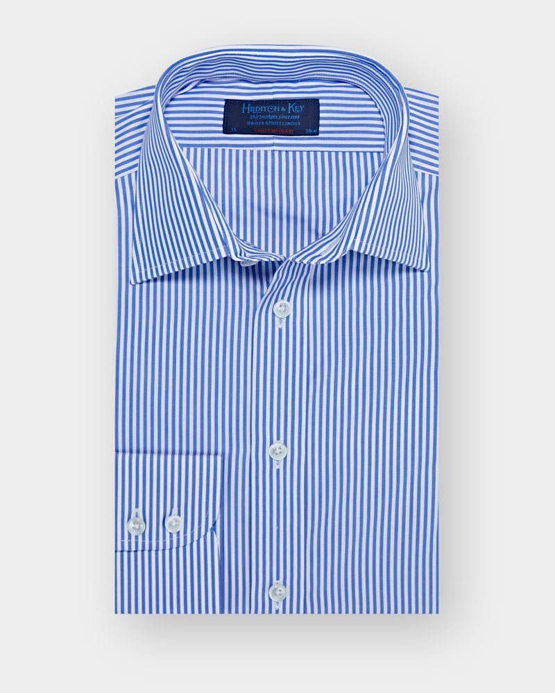 Contemporary Fit, Classic Collar, 2 Button Cuff Shirt in a Blue & White Medium Bengal Poplin Cotton
