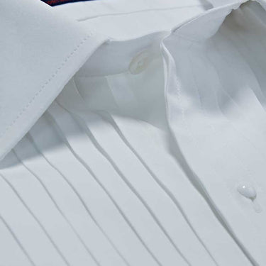 Contemporary Fit, Classic Collar, Double Cuff White Poplin Cotton Shirt with a Wide Pleated Front