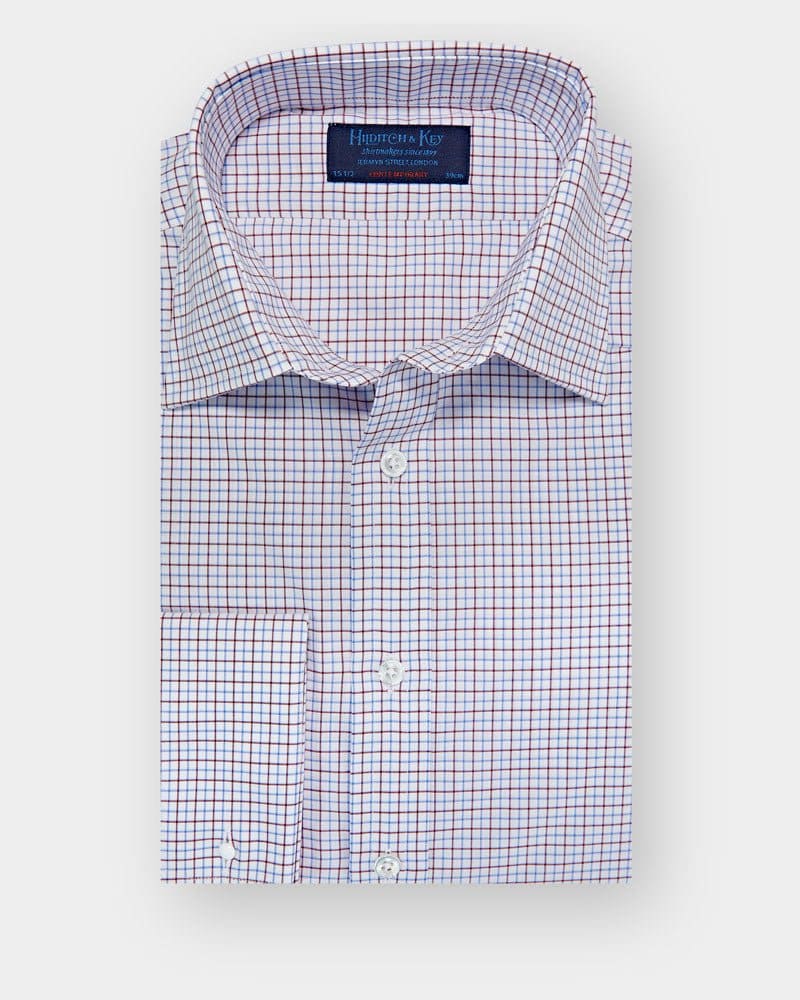 Contemporary Fit, Classic Collar, Double Cuff White With Wine & Light Blue Overcheck