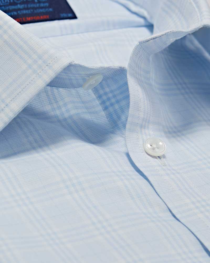 Contemporary Fit, Classic Collar, Two Button Cuff in Baby Blue POW Check